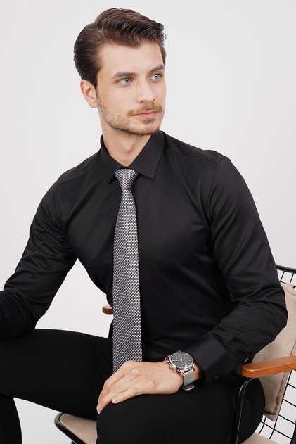 Black Satin & Black Gray Patterned Tie Set with Gift Box