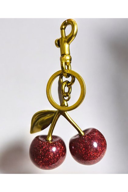 Silvery Red Cherry Gold Detailed Large Size Charm Bag Ornament Keychain Accessory