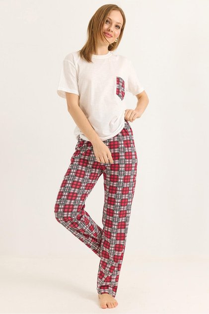 Crew Neck Elastic Waist Pajama Suit Red