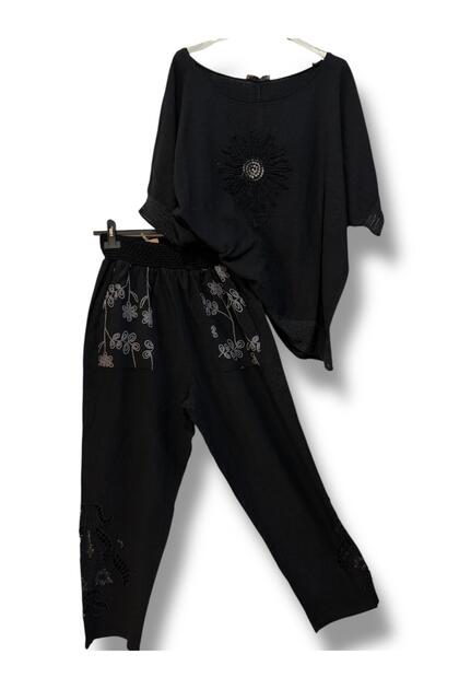 Women's Pockets Embossed Leg Scalloped Linen Combination