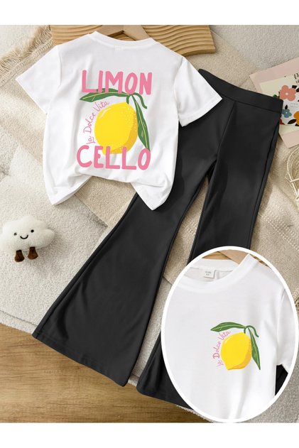 Girls' Lemon Cello Front Back Printed White T-Shirt-Black Spanish Leggings Suit