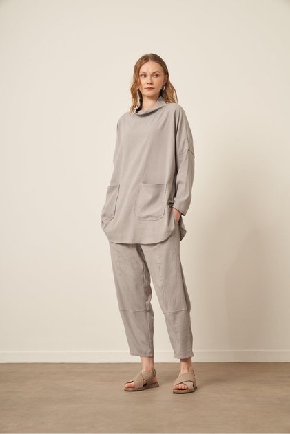 Women's Comfortable Fit Pocket Detailed Two-Piece Suit Gray 30508