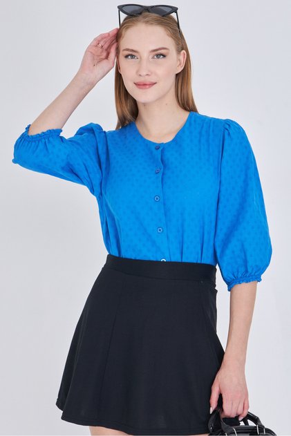 Women's Blue Crew Neck Quarter Sleeve Shirt Arm-25Y001062