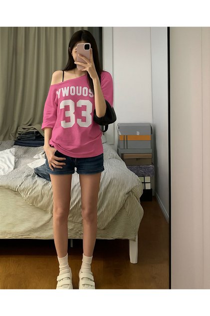 Women's Boat Neck Oywouos Printed Oversize 100% Cotton T-Shirt