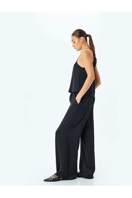 Satin Palazzo Pants with Tie Waist and Elastic Pockets
