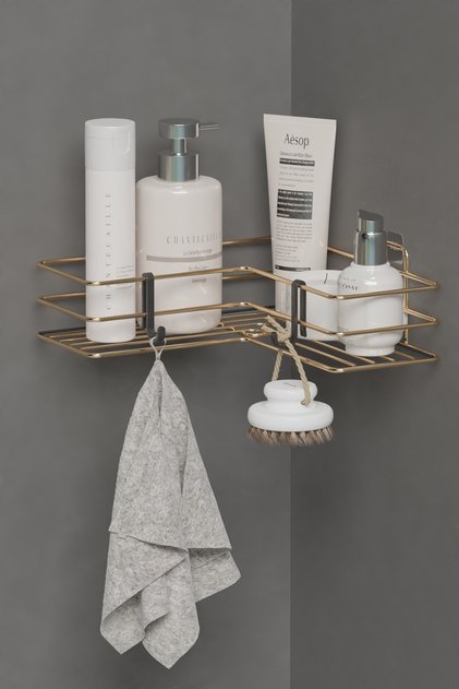Yapışkanlı Duvar Düzenleyici Organizer Banyo Köşeliği Köşe Rafı Duş Şampuanlık Raf Gold Metal