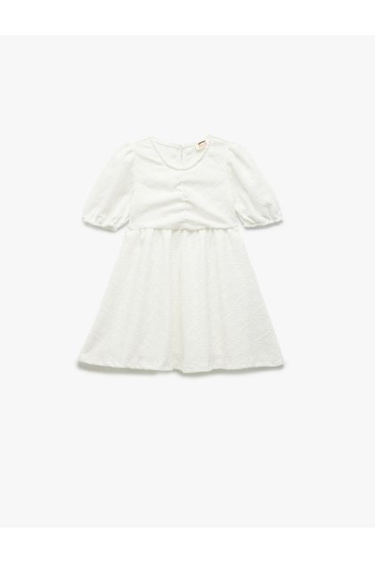 Round Neck Short Sleeve Broderie Dress with Drawstring Detail