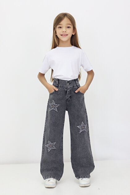 Girls' Non-Lycra Straight-Leg Star Patterned Elastic-Waist 100% Cotton Star Denim