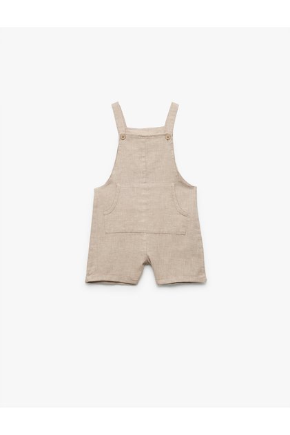 Square Collar Kangaroo Pocket Cotton Linen Blend Strap Salopet Jumpsuit