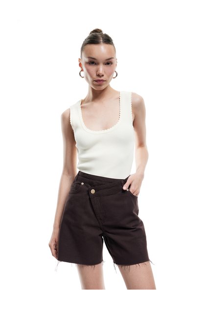Cotton Cutout Leg Asymmetrical Button Mini Shorts