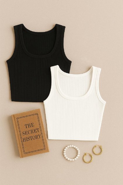 Kadın Siyah ve Beyaz Kare Yaka Crop Top Bluz 2'li Set