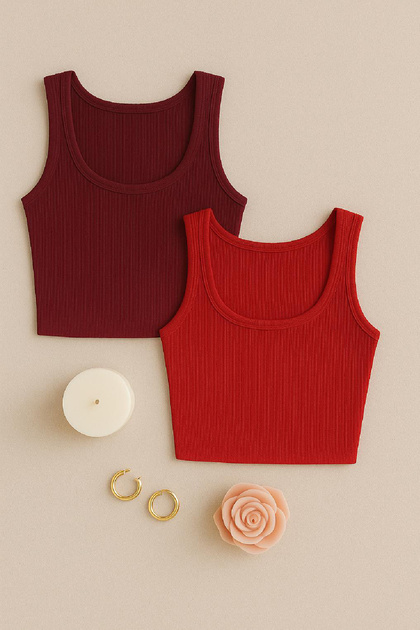 Women's Burgundy and Red Square Neck Crop Top Blouse Set of 2