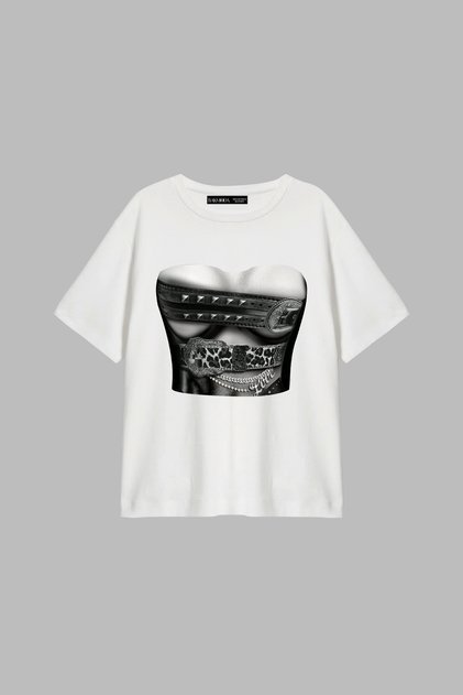 Belted Printed Relaxed Fit White Women's Tshirt