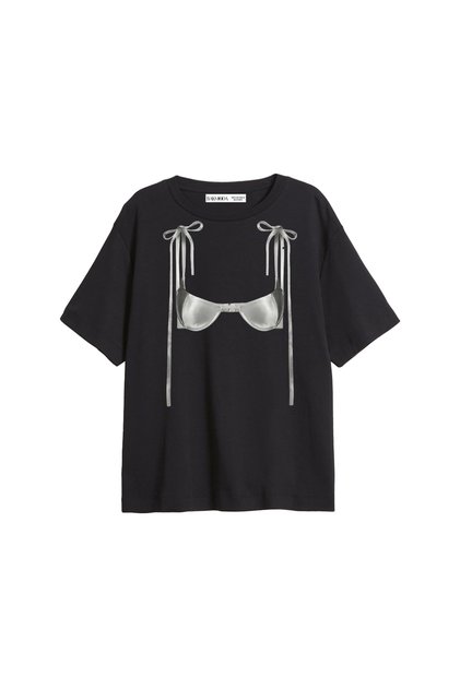 Ribbon Bikini Printed Relaxed Fit Black Women's Tshirt