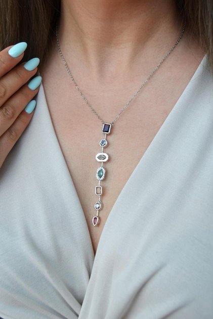 Multicolored Stone Y Necklace Steel