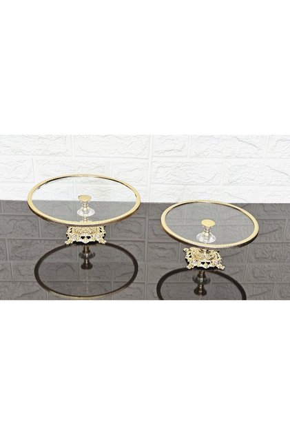 2-Piece Glass Round Serving Plate 20+25 cm - Presentation Cast Gold Frame and Cast Foot
