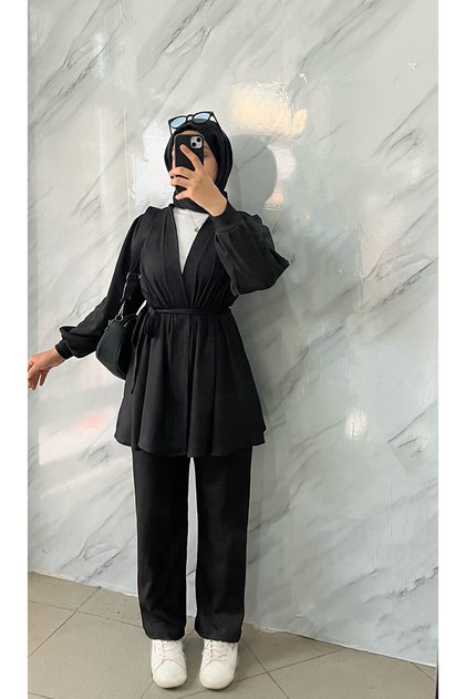 siyah bürümcük pantolon kimono takım