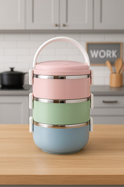 LUNCH BOX 3 Katlı Paslanmaz Çelik Termoslu Yemek Kabı | Sızdırmaz