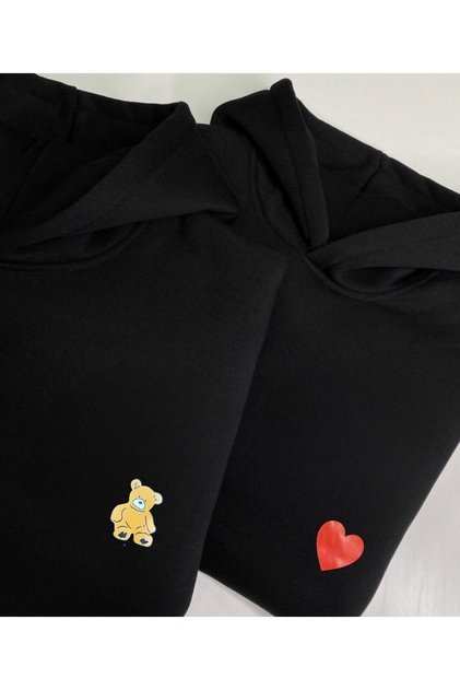 Teddy Bear Heart Lover Couple Combination - Black Printed Oversize Hooded Sweatshirt