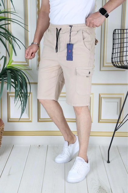 Men's Cream Lycra Gabardine Shorts Cargo Pocket Cotton Elastic Waist Lace-Up Basic Shorts