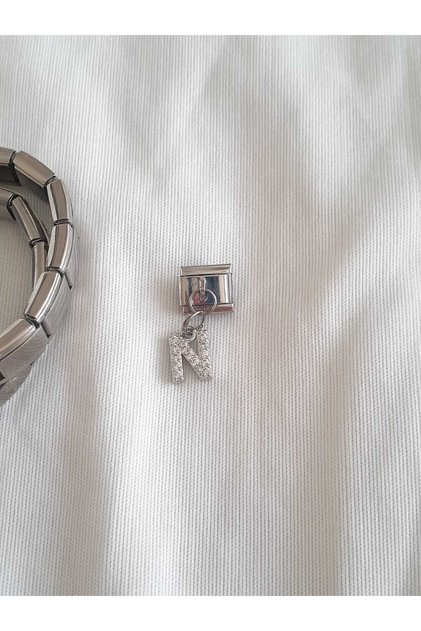 Steel N Letter Zircon Stone Italian Charm