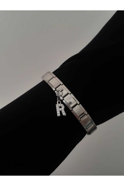 Steel R Letter Zircon Stone Italian Charm Bracelet