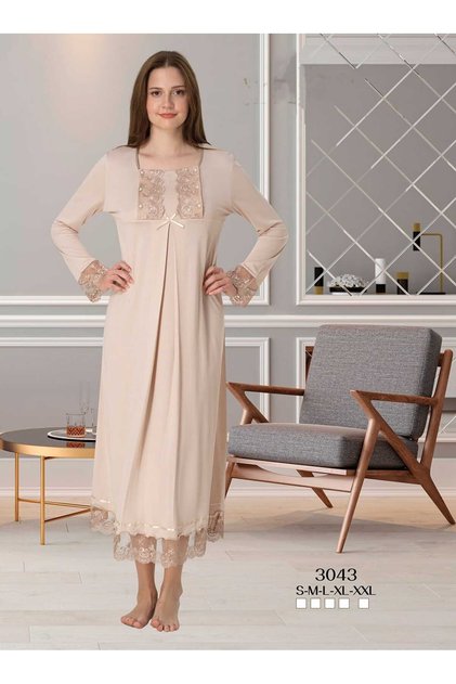 Beige Special Design Lace Long Sleeve Cotton Maternity Nightgown