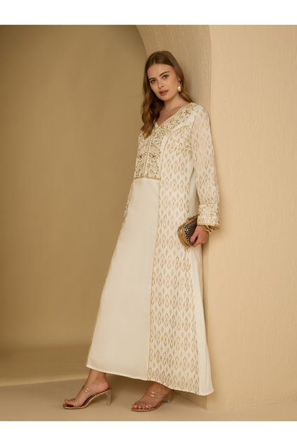 Foil Print V Neck Panelled Jalabiya with Embroidered Detail