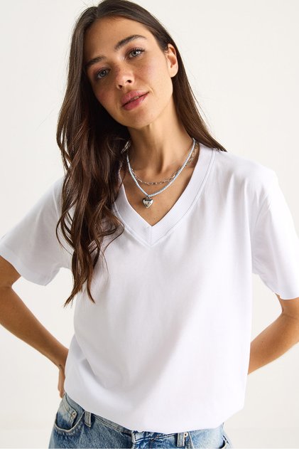 Tricou alb pentru femei, 100% bumbac organic, cu decolteu în V adânc, cu croială confortabilă 60602066