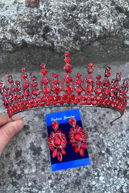 Abrienda Red Bridal Henna Crown Special Occasion Accessory Women's Crown and Three Shuttle Earrings Set
