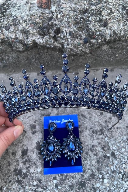 Abrienda Navy Blue Bridal Henna Crown Special Occasion Accessory Women's Crown and Wide Shuttle Earring Set