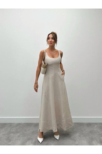 Women's Stone Linen Dress with Straps and Pockets