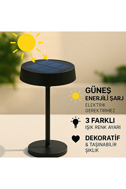 CT-8450 Dubai Solar Şarjlı LED Masa Lambası Siyah Kasa 3 Renk Ayarlı Dimmerli Dekoratif Aydınla