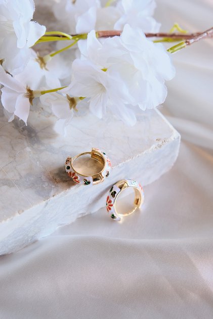 Daisy White Orange Enamel Hoop Steel Earrings
