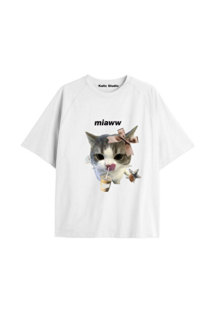 Y2K Vintage Cats Printed White T-Shirt Kod 13