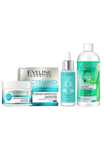 Cremă anti-imperfecțiuni Eveline Niacinamide Glow Set 50ml, Ser cu ceramidă 30ml, Apă micelară cu aloe vera 400ml