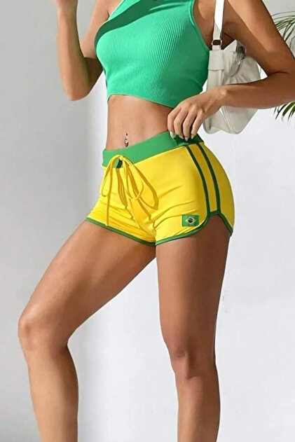 Kadın Slim Fit Pamuklu Premium Kumaş Mini Baskılı Sokak Stili Spor Şort Brezilya Futbol