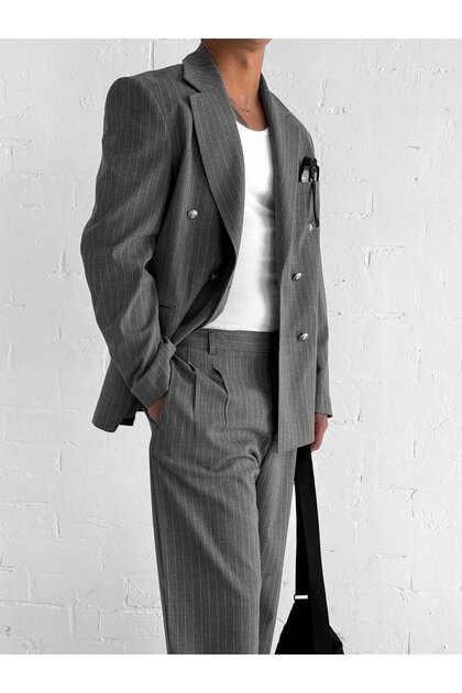 ablukaonline Men's Striped Oversized Double-Breasted Suit Gray