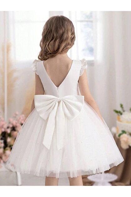 MadyaButik Girl's White Ruffle Sleeve Short Pearl Dress Graduation Birthday  Special Occasion Evening Dress- Trendyol