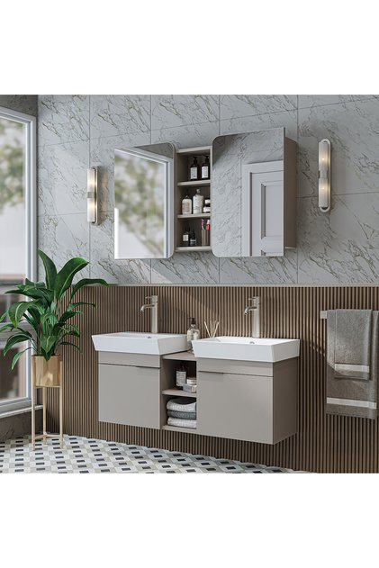Likya 2 Kapaklı Ve Açık Raflı Mdflam 2 Lavabolu 120 Cm Banyo Alt Dolabı Üst Dolabı