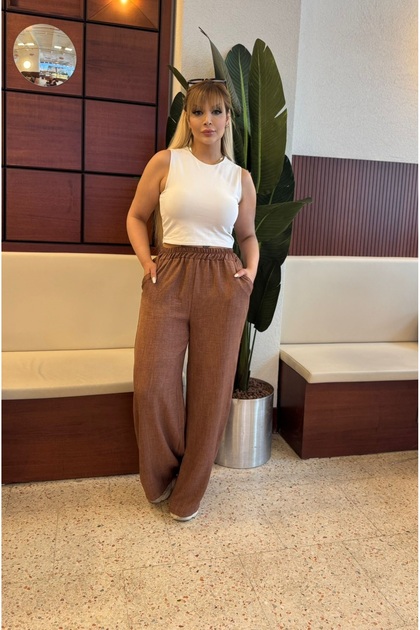 Women's Plus Size Sofia Linen Casual Trousers with Elastic Waist and Pockets 21070
