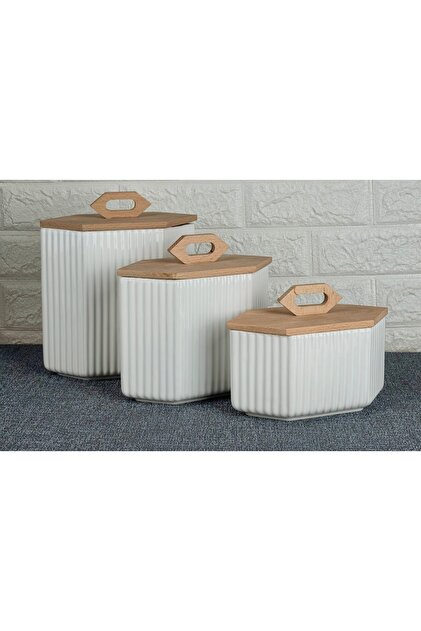 Pembelia Life 3'lü Bambu Kapaklı Porselen Kavanoz Takımı Çay Şeker