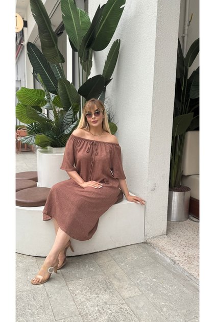 Women's Plus Size Rubber Neck Short Sleeve Sofia Linen Dress 24780