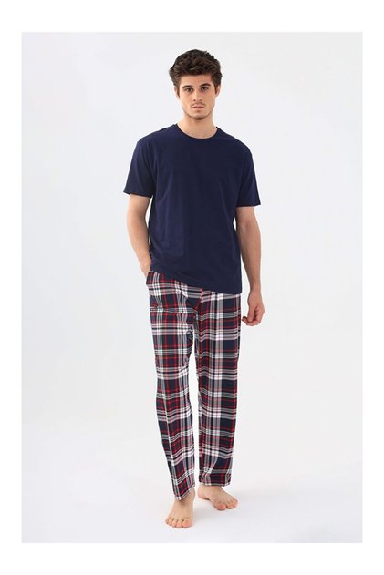 Men's Basic Short Sleeve Navy Blue Long Bottom Checked Pajama Set
