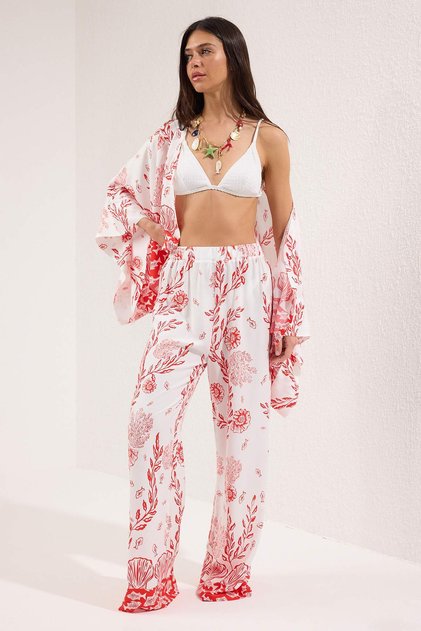 Underwater Patterned Woven Beach Blouse-Trousers Set TBESS25AU00003