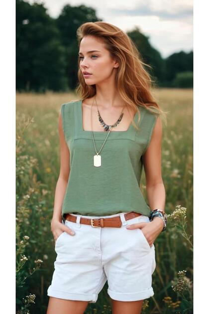 Women's Khaki Square Neck Thick Strap Sleeveless Linen Short Sleeve Summer Casual Shirt Blouse 700-2911275