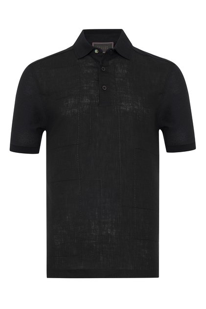 Black Polo Neck Patterned Regular Fit Cotton Linen T-Shirt