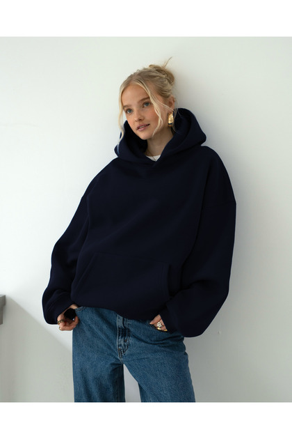 Oversize Kapşonlu Basic Baskısız Okul Sweatshirt
