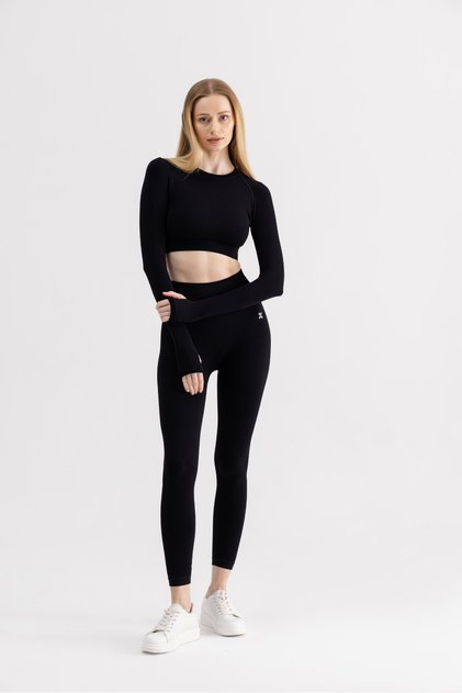 Kadın Uzun Kollu, Parmaklık Detaylı Crop Top Siyah