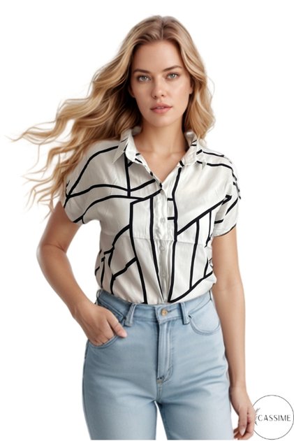 Women's White Black Geometric Short Sleeve Bat Button Shirt